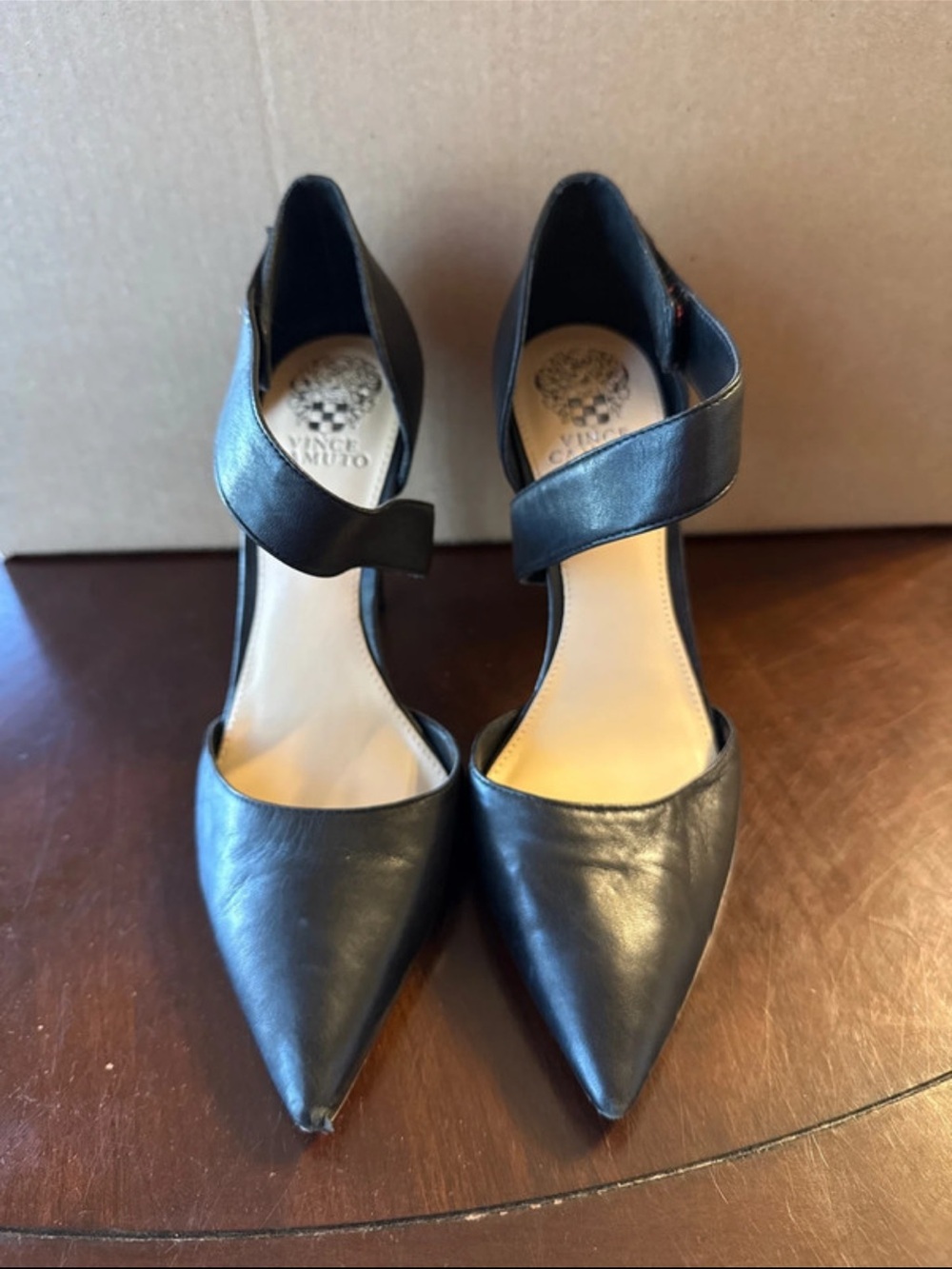 Vince Camuto Black Pointed Leather Ankle-Strap Pumps